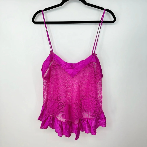 Pink Vintage Plus Size Lacey Satin Bow Spaghetti Strap V Neck Lingerie Top - Picture 1 of 3